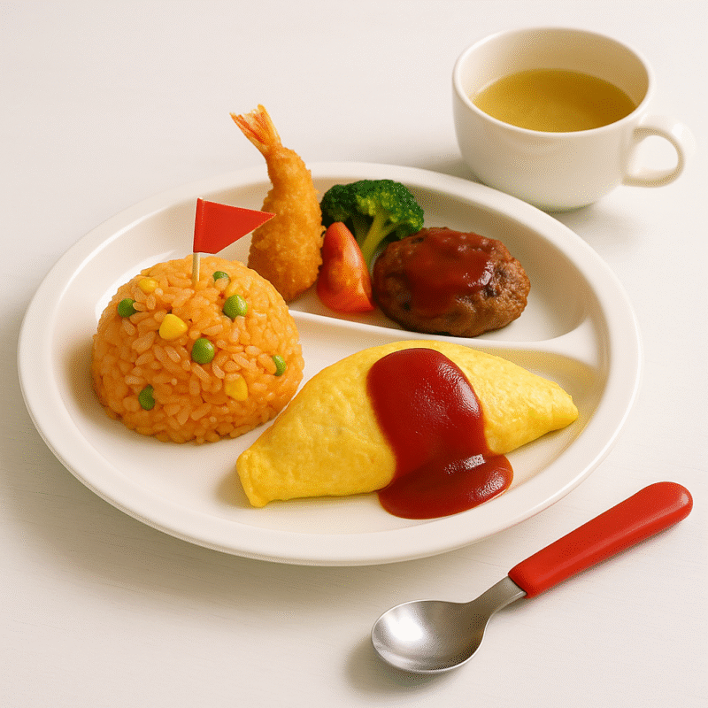 子ども用キッズプレート(オムライス・エビフライ・ハンバーグ)とスープが並ぶ白い食器。赤いスプーン付きで、提供された料理そのものが主役の写真。