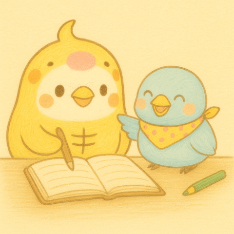 黄色い小鳥のキャラクターがノートに書き込んでいて、隣では青い小鳥が笑顔で応援している。手書き風のやさしいイラストで、背景は温かみのあるベージュ。AIのサポーターと初心者ライターの様子を描いている。