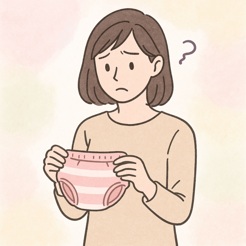 トレーニングパンツを手に、不安そうな表情で悩むママのイラスト。トイトレが思うように進まず戸惑っている様子を表現。