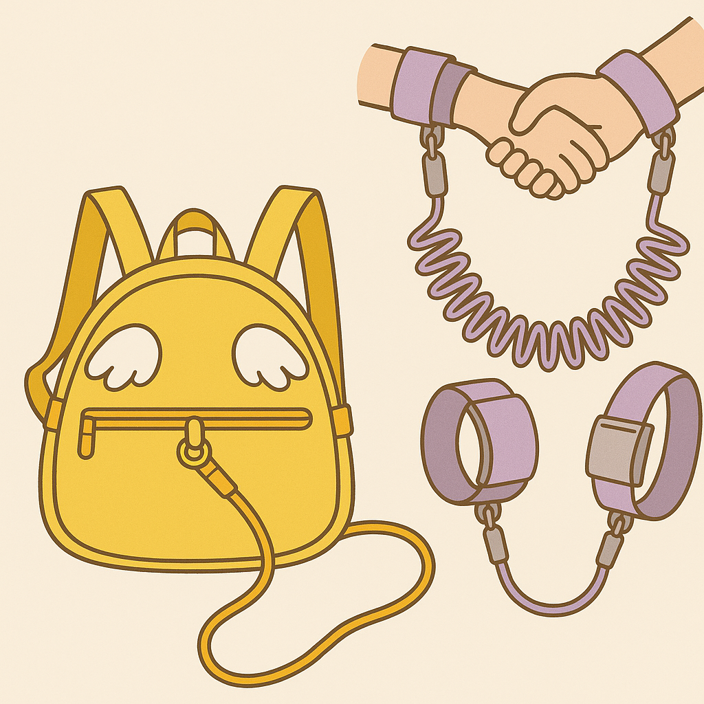 リュック型・手首型など子ども用ハーネスの種類を描いたイラスト