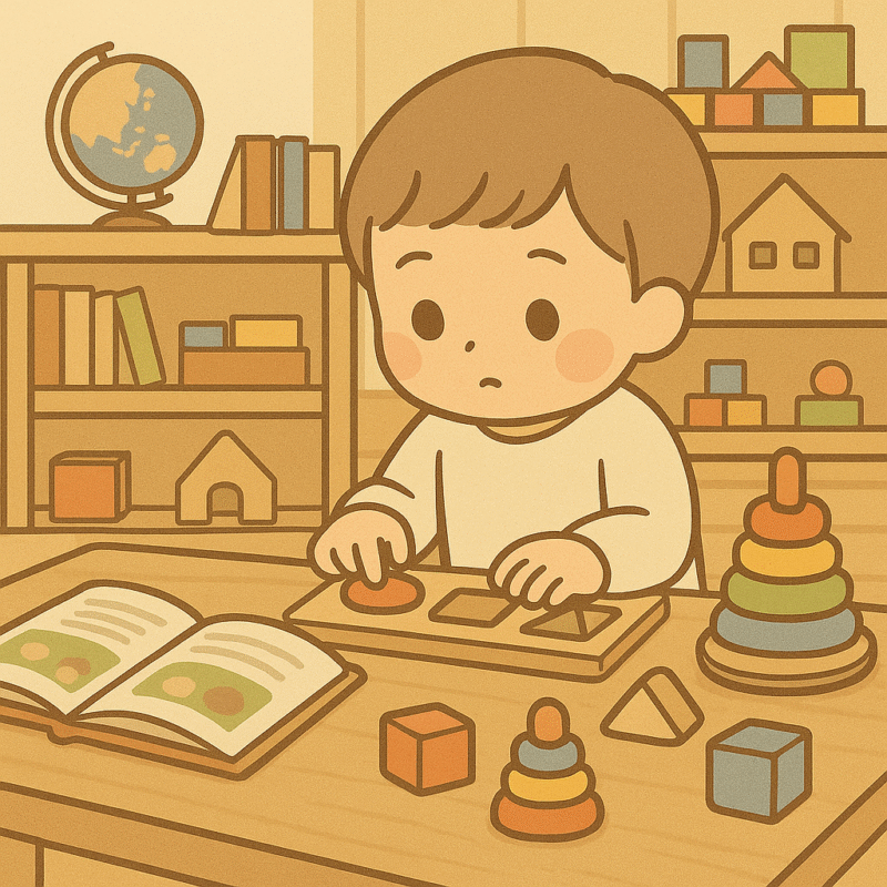 モンテッソーリ教具を使って集中して遊ぶ子どもの様子。教育的な環境の中で自立心を育てる。