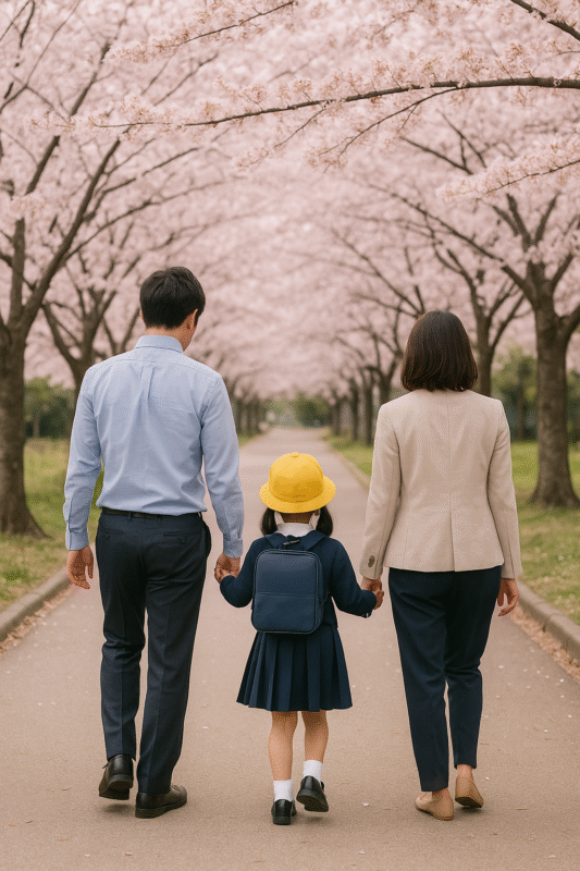 桜並木の中を手をつないで歩く入園式帰りの家族
