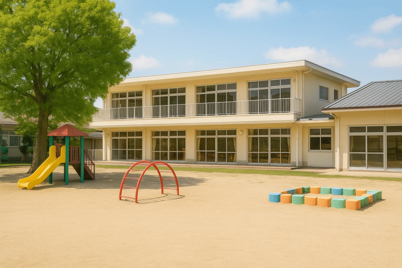 すべり台や砂場のある明るい幼稚園の園庭と園舎