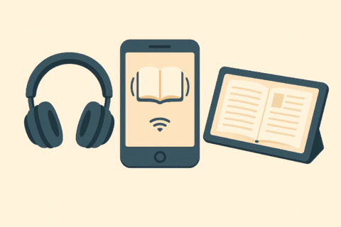 ヘッドホン・スマートフォン・電子書籍リーダーを並べたイラスト。AudibleやKindleなど、電子＆音声での読書体験を表現したビジュアル。