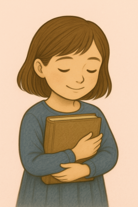 目を閉じて微笑みながら、大切そうに本を抱きしめる女の子のイラスト。本との深い絆や感動を表す一場面。
