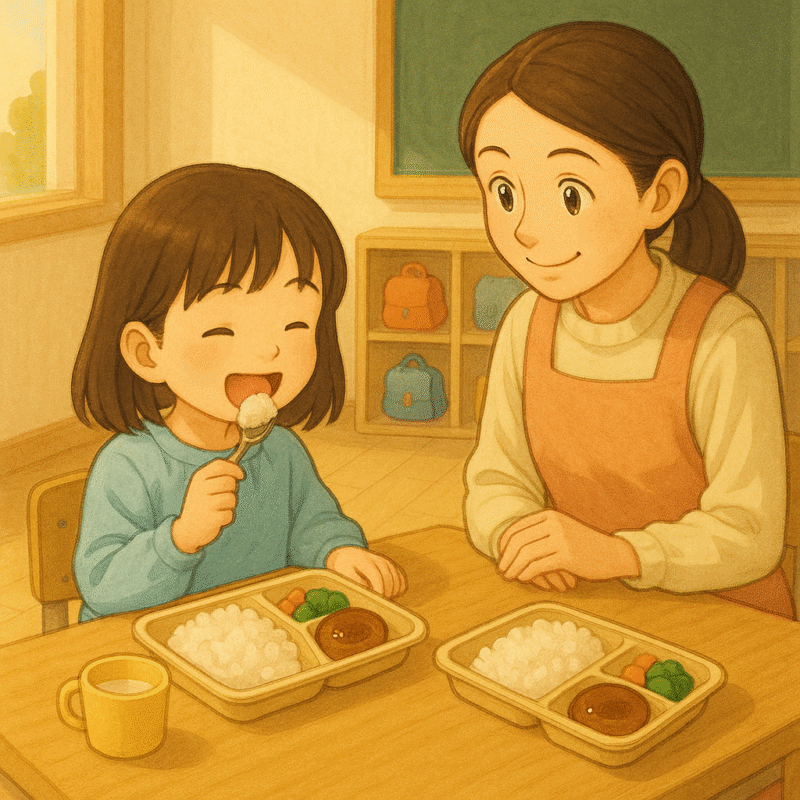 保育園の教室内で、女の子が白米を食べているのを先生が温かく見守っているイラスト。お弁当やランチ風の給食、優しい表情の保育者が特徴的。