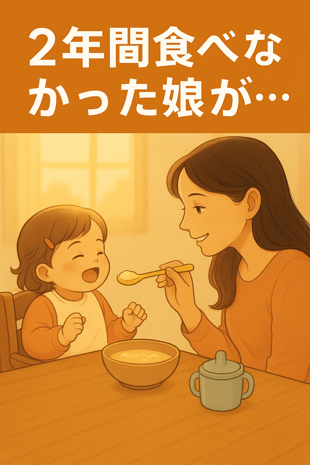 「2年間食べなかった娘が…」というテキスト入りのアイキャッチ画像。母親が笑顔でスプーンを差し出し、子どもがうれしそうに食事を受け取ろうとしている、温かい室内の様子。