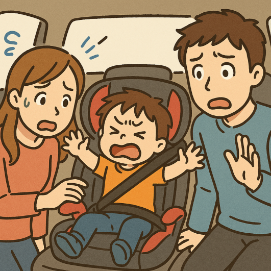 チャイルドシートに乗るのを嫌がって泣いている子どもと、困っている両親のイラスト。シートベルトがうまく合わず、車内での乗車に苦労している様子を描いている。
