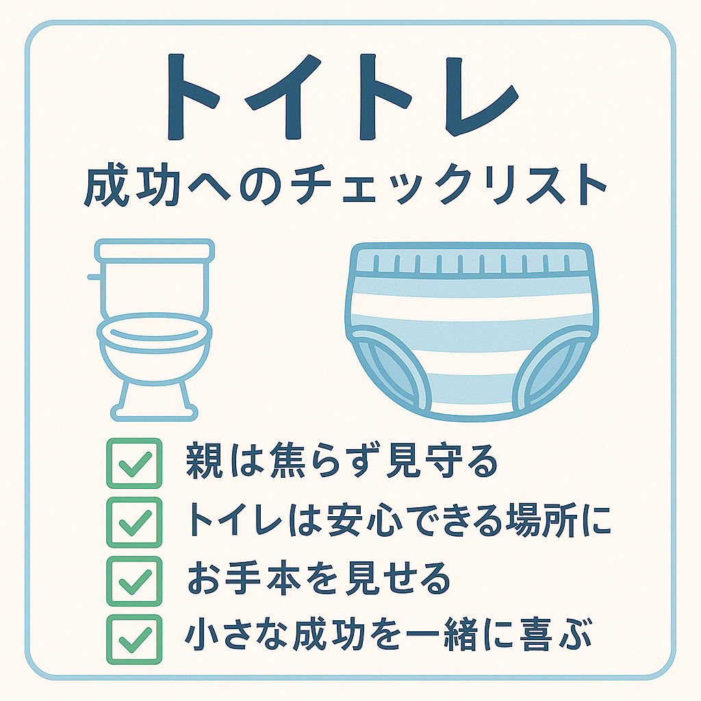 トイレトレーニング成功へのチェックリスト。「親は焦らず見守る」「トイレは安心できる場所に」「お手本を見せる」「小さな成功を一緒に喜ぶ」の4項目が、かわいいイラストとともに描かれている。