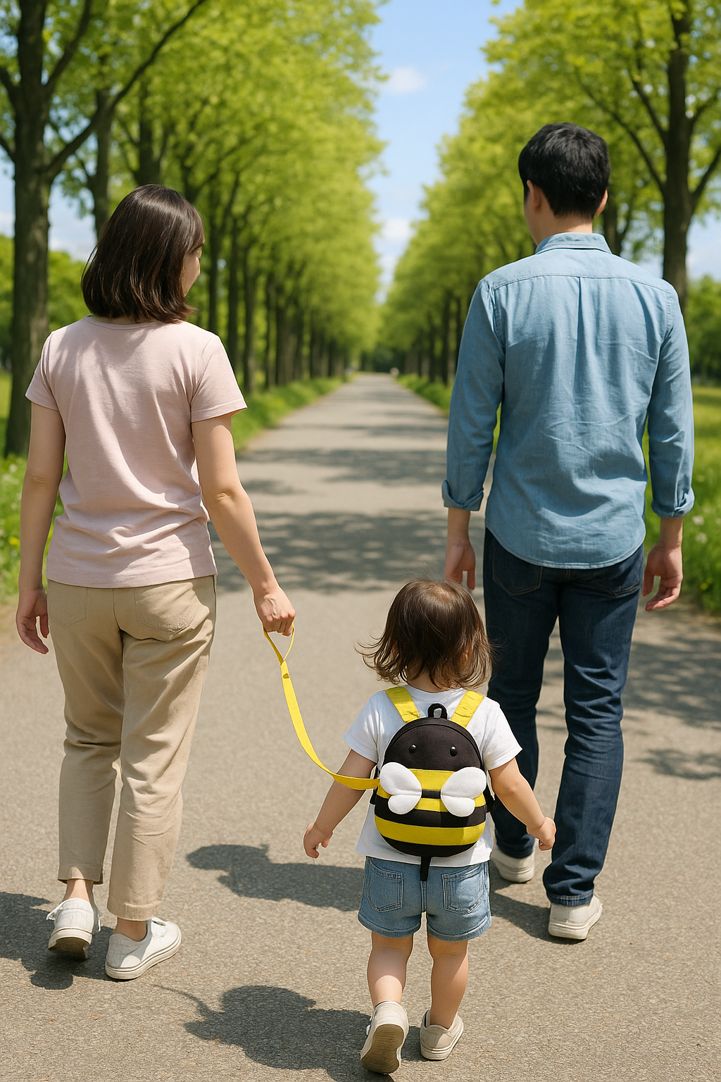 ハーネスをつけた子どもと手をつなぎ歩く家族の後ろ姿