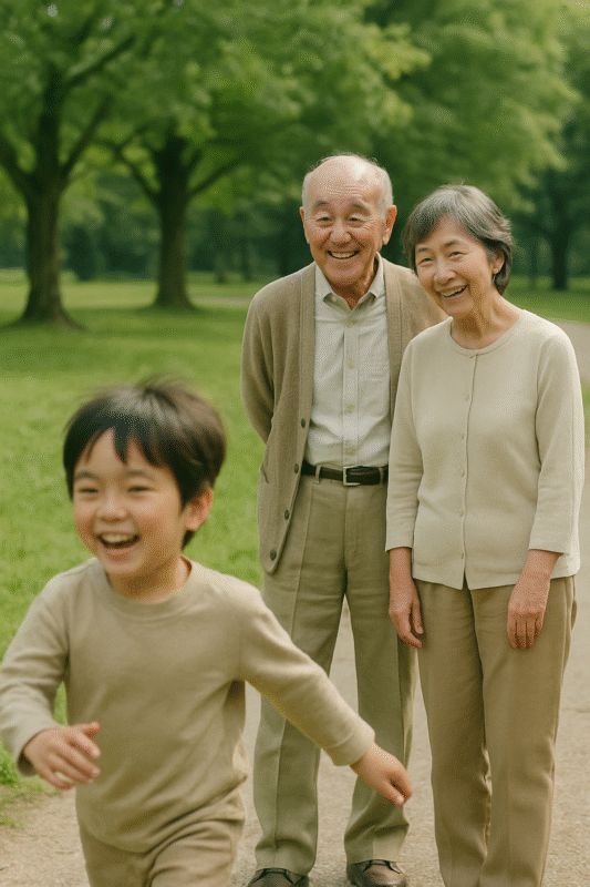 孫を見守る笑顔の祖父母