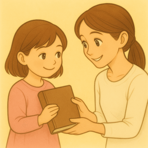 本を手渡す母と娘のイラスト。親から子へ「本のたのしさ」を伝えるあたたかなシーン。