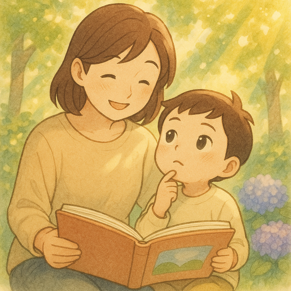 親子がやさしい光の中で本を読んでいる様子。子どもが考える力を育む家庭の時間。