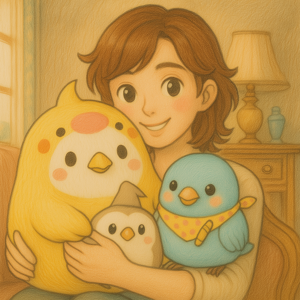 やわらかな色鉛筆風タッチで描かれた、短髪の女性が3羽の鳥のぬいぐるみを優しく抱いているイラスト。黄色い大きな鳥、青いバンダナを巻いた小さな鳥、そして中央に小さな灰色の鳥が並び、背景には木製家具と淡いカーテンのあるリビングが描かれている。全体にあたたかく穏やかな雰囲気が漂っている。